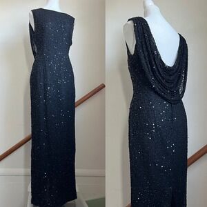 Vintage Black Beaded Draped Back Silk Maxi Dress Evening Formal Old Hollywood